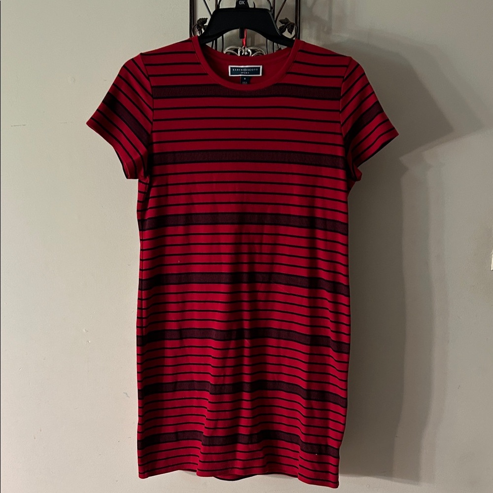 Karen Scott Sport Red and Black Striped T-Shirt Dress